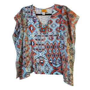 Ruby Rd Womens Pullover Top Size PL Petite Blue Orange Aztec Print Beaded V-Neck